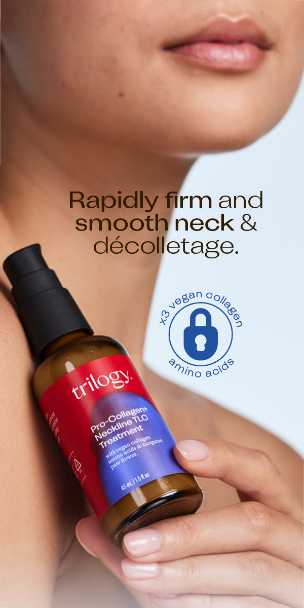 Trilogy neck treatment bottle held by a person with text about neck firmness.